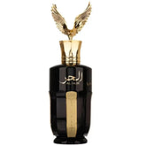 Zwarte glazen parfumfles al hur so intense met gouden accenten en gouden arendvormige dop met arabische tekst