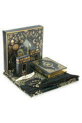 Luxe zwarte cadeauset gebedskleed, tasbih, koran arabisch/engels en parfum - Islamboekhandel.nl