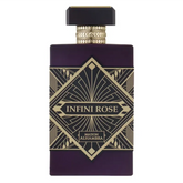 Paarse parfumfles met gouden art deco patronen en Infini Rose branding voor originele eau