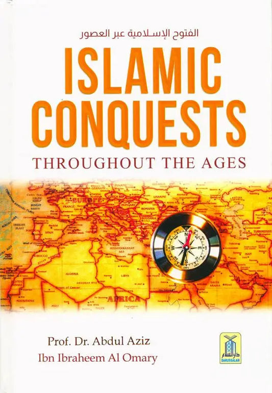 Boekomslag islamic conquests throughout the ages met vintage stijl kaart en oranje zwarte tinten en kompasdesign