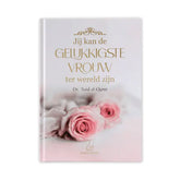 Een zachtroze hardcover boek jij kan de gelukkigste vrouw ter wereld zijn met goudfolie tekst en rozenontwerp