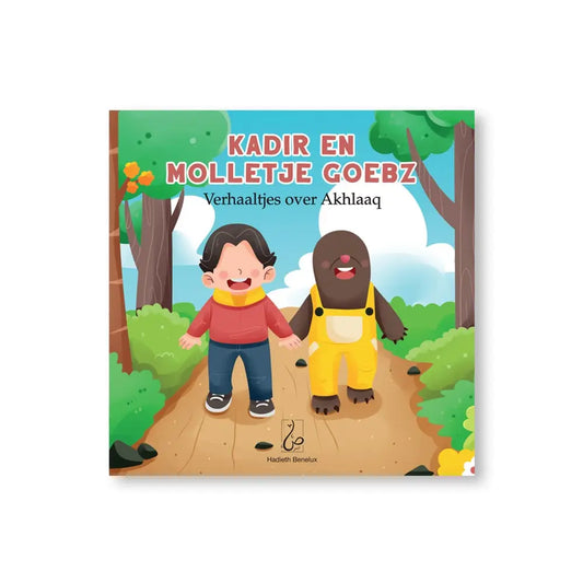 Kinderboek cover van kadir en molletje goebz met jongen in rood shirt en mol in gele tuinbroek