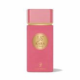 Een slanke rechthoekige roze parfumfles kara pink candy met een metalen dop en gouden accenten