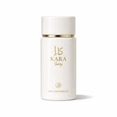 Witte cilindervormige kara ivory eau de parfumfles met gouden letters en band, product kara white