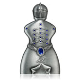 Zilveren ridderparfumfles Khalid met blauwe edelstenen en kettingontwerp, niche Emirati parfums