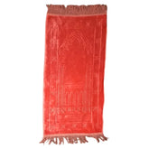 Rode fluwelen kindergebedskleed met islamitische motieven en franjes