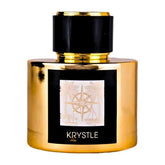 Goldkleurige parfumfles met zwarte dop en kompasrooslabel voor Krystle parfumproduct