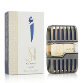 Lattafa al azal eau de bleu parfumfles met een slank metallic kooi ontwerp en marineblauwe accenten rondom glazen fles