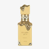 Lattafa eclaire banoffi edp gouden vierkante parfumfles met druipende gouden dop en basis labeled eclaire