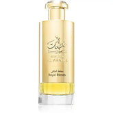 Lattafa parfum khaltaat arbia gold gouden rechthoekige parfumfles met arabische reliëftekst en khazna al arabia merknaam