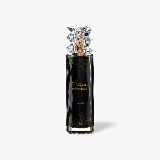 Lattafa nasmaat edp zwarte glazen parfumfles met gouden folie en facet geslepen kristallen dop