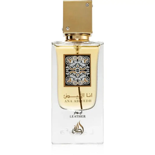 Een rechthoekige glazen parfumfles lattafa parfum ana abiyedh leather met gouden dop en arabische kalligrafielabel