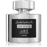Silver metallic parfumfles lattafa parfum confidential platinum met slanke reflecterende cilinder en zwart etiket