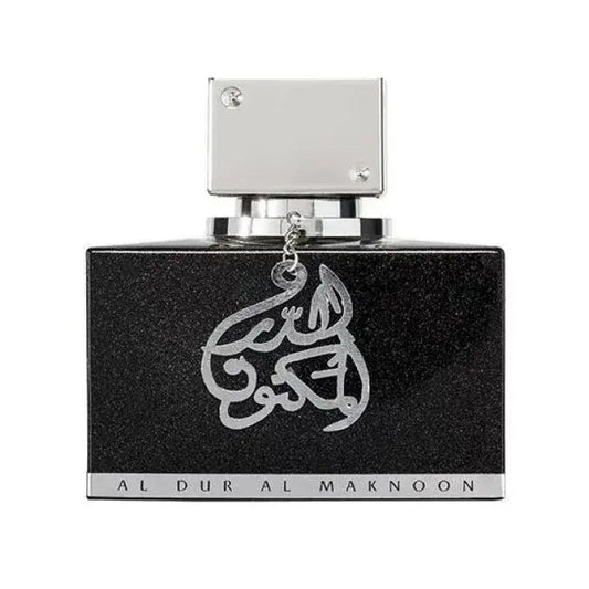 Zwarte rechthoekige lattafa parfum al dur al maknoon fles met zilveren arabische kalligrafie en metalen dop