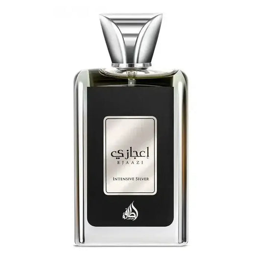 Lattafa parfum ejaazi intense zilveren fles met een slank, rechthoekig zilver lichaam en zwart etiket met arabische tekst