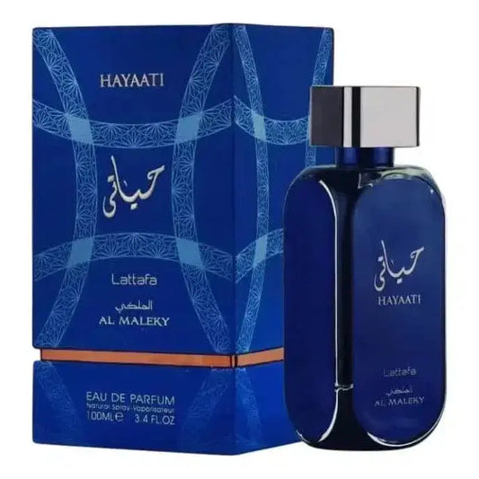 Diepblauwe glazen fles lattafa parfum hayaati al maleky met zilveren dop en elegante arabische letters