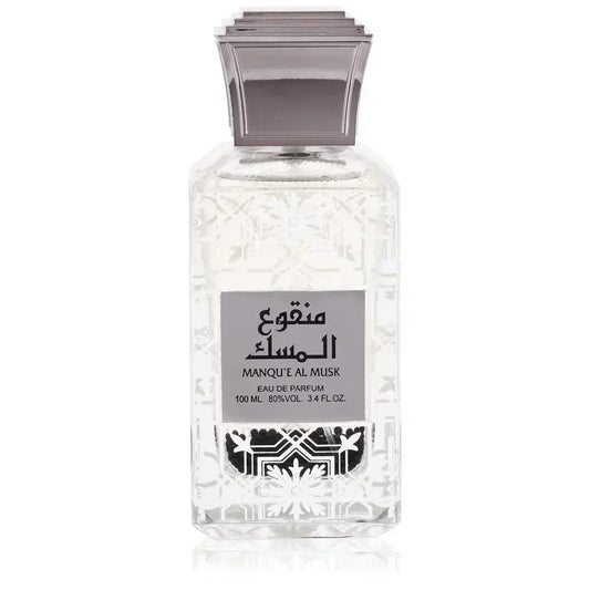 Clear glazen parfumfles lattafa parfum manque al musk met zilverkleurige kap en fijne reliëfdetails