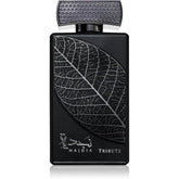 Lattafa parfum najdia tribute zwarte rechthoekige parfumfles met zilveren bladmotief en getextureerde dop