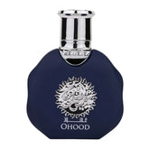 Lattafa parfum ohood navy blue perfume bottle with silver cap and white embossed dragon design labeled ohood