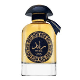 Een luxe amberkleurige parfumfles lattafa parfum raed gold luxe met glazen body, zwarte dop en marineblauwe strik