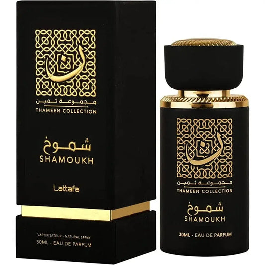 Zwart glazen Lattafa parfumfles met gouden accenten en arabische kalligrafie uit de Thameen collectie, Lattafa Parfum Shamoukh