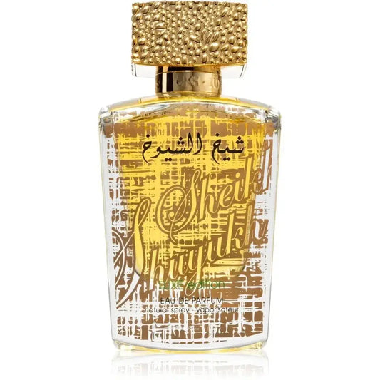Lattafa parfum sheikh shuyukh luxe rechthoekige glazen fles met textuur gouden dop en arabische gouden script