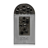 Zilveren Lattafa Pride Parfum Maharjan Silver flacon met geometrisch patroon en Arabische tekst