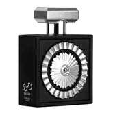 Zwarte en zilveren Pride Parfum Wajood fles met tandwielontwerp, Lattafa