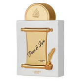 Lattafa Pride Peace & Love parfumfles met gouden scroll en veer in witte doos