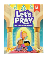 Let’s pray the fun salah game bordspel doos met kleurrijke cartoonkinderen in moskee met blauw en goud ontwerp