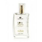 Clear glass bottle of crown perfumes love apple fragrance with a gold-tone spray nozzle and embossed arabic script on the label