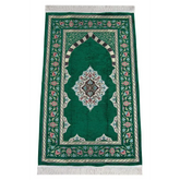 Luxe chenille gebedskleed met groene bloemmotieven en mihrab-design - Islamboekhandel.nl