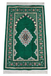 Luxe chenille gebedskleed met groene bloemmotieven en mihrab-design - Islamboekhandel.nl