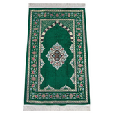 Luxe chenille gebedskleed met groene bloemmotieven en mihrab-design
