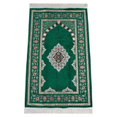 Luxe chenille gebedskleed met groene bloemmotieven en mihrab-design - Islamboekhandel.nl