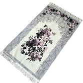 Luxe gebedskleed bloempatroon met bloemendessin in grijs en paars, met tassels