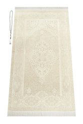 Luxe Ottomaanse Chenille Gebedskleed + tasbih -Crème - Islamboekhandel.nl