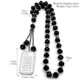 Luxe zwarte tasbih met zwarte glazen kralen en roestvrijstalen hanger gegraveerd met ayat al-kursi