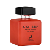 Rood parfumfles met zwarte dop gelabeld Narissa Rouge van Hambra Narissa