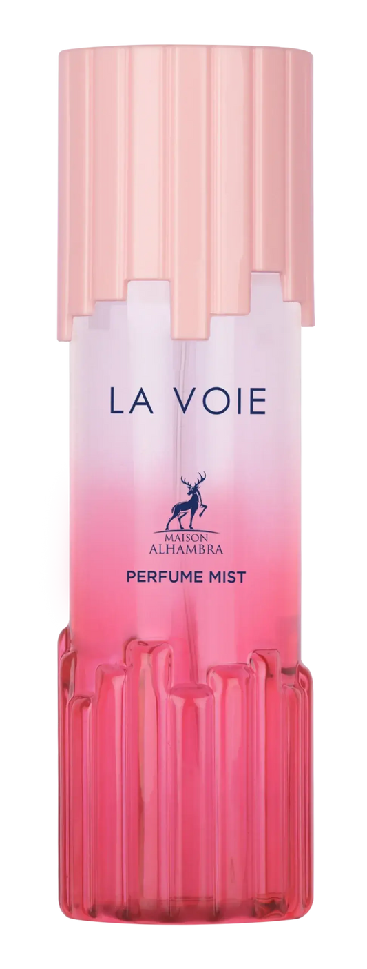 Een elegant roze gradient bodymistflesje met geribbelde glazen ontwerp en bijpassende dop van maison alhambra