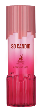 Een levendige roze gradient body mist fles met een geribbelde doorschijnende dop en bodem voor so candid body mist