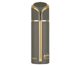 Een stijlvolle matte grijze parfumfles met gouden accenten en bijpassende dop van mishlah lattafa parfum
