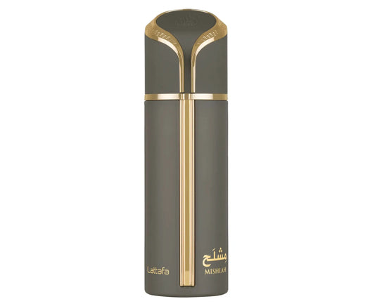 Een stijlvolle matte grijze parfumfles met gouden accenten en bijpassende dop van mishlah lattafa parfum