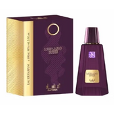 Diep paarse glazen fles met gouden dop en etiket met morado luxe geur van matalan in een 100 ml edp verpakking