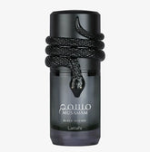 Musamam black intense edp parfumfles met zwarte slangontwerp, glanzende zwarte dop en gevlochten touw rond hals