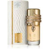 Musamam white intense edp 100 ml goudkleurige parfumfles met een slangenontwerp en aqwa musaww merk op transparant glas