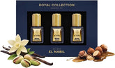 Drie elegante goudkleurige parfumflesjes in een marineblauwe doos van maison el nabil royal collection discovery set musc collection giftset