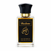 Een slanke rechthoekige glazen fles nashme eau de parfum met een zwarte facettendop en gouden accenten