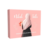 Roze boek nikah talks met een illustratie van een vrouw in een wit hijab die bloemen vasthoudt