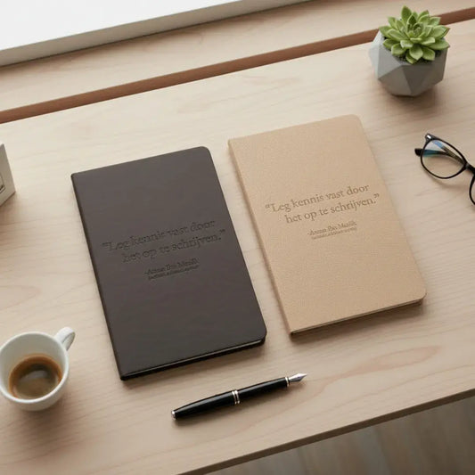 Notitieboek leg kennis vast door het op te schrijven met donkergrijs en beige gekleurde notitieboeken en geperste teksten